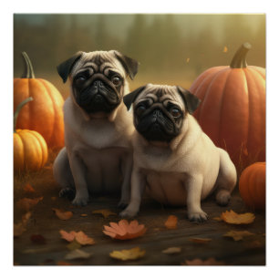 Póster Pug Puppy Autumn Delight Pumpkin