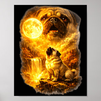 Poster Pug uivando para a lua floresta épica fantasia 