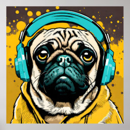 Poster Pug vestindo fones de ouvido