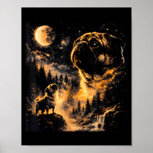 Poster Pug Vintage dos Anos 90 Uivando para a Lua Mãe de