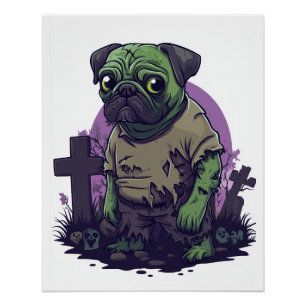 Póster Pug Zumbi � Cachorro de Halloween Divertido e Sem