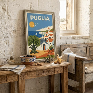 Poster Puglia Itália Oliveira Trullo Viagem Folk Retrô