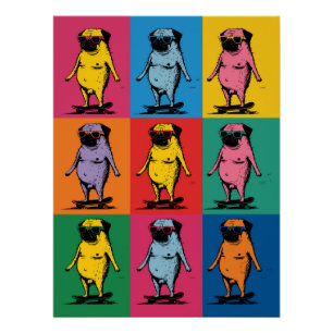 Póster Pugs Engraçados em Skateboards Grade de Arte Pop