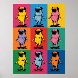 Poster Pugs Engraçados em Skateboards Grade de Arte Pop