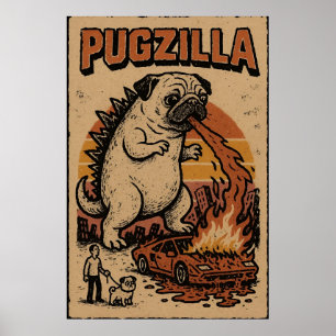 Poster Pugzilla – Ilustração de Monstro Pug Fofo