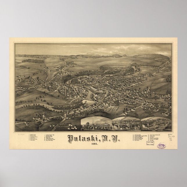 Póster Pulaski, NY Birds, 1885 Ver Mapa Panorâmico (Frente)