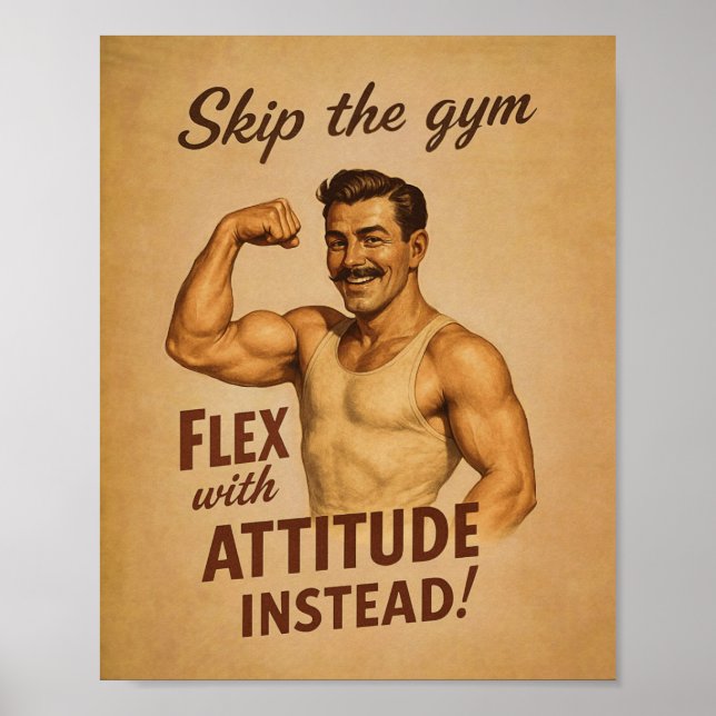 Poster Pule a Flexão do Ginásio com Atitude Retro Forte H (Frente)