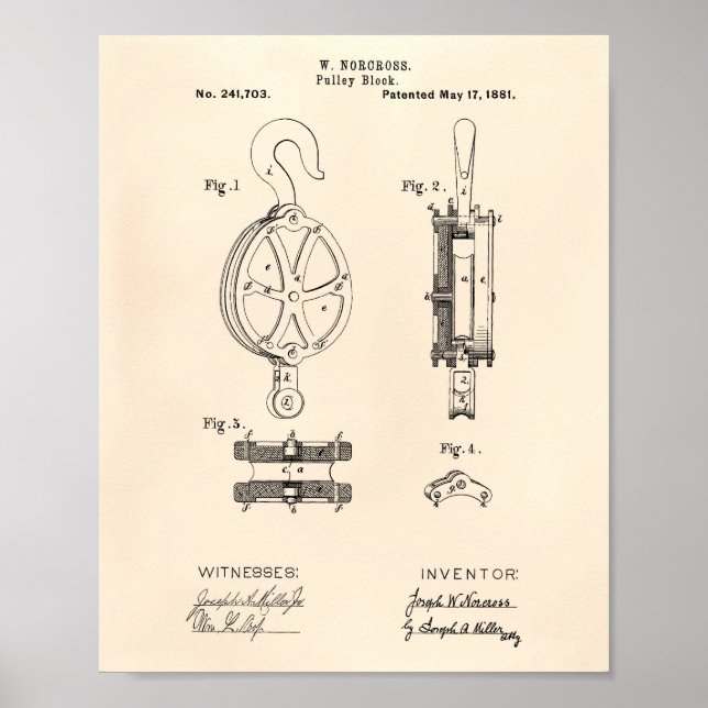 Poster Pulley Block 1881 Patent Art Old Peper (Frente)