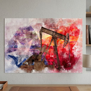 Poster Pumpjack ícone Texan aquarela com Sinalizador Texa