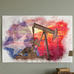 Poster Pumpjack Texan ícone pastel desenho com Texas Flag