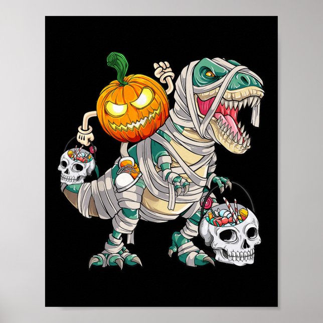 Poster Pumpkin Andando Mummy Dinossaur T Rex Halloween Di (Frente)