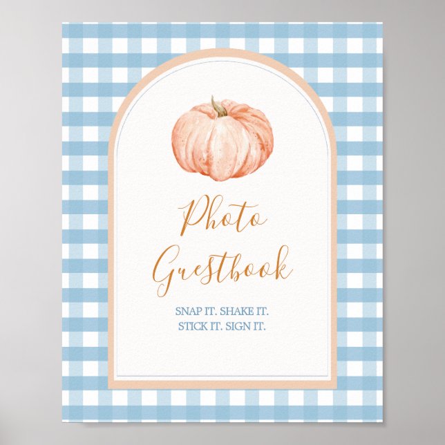 Poster Pumpkin Boho Blue Gingham Fotografia Guestbook (Frente)