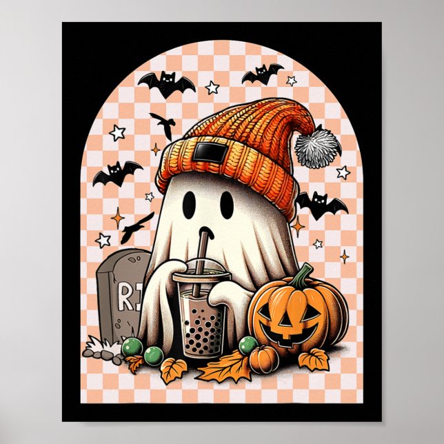 Poster Pumpkin de café verde-Bebendo-fantasma (Frente)