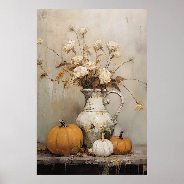 Poster Pumpkin de outono e Pintura Floral para a Vida Est (Frente)