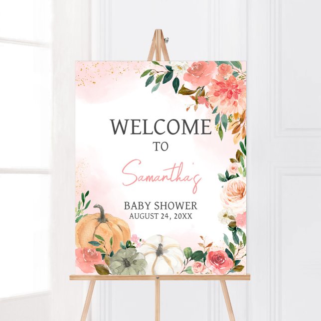 Poster Pumpkin Floral de outono Rosa Bem-vindo (Autumn Floral Pumpkin Baby Shower Welcome Sign)