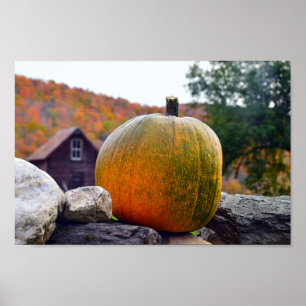 Póster Pumpkin on Rock Wall in Vermont, Autumn