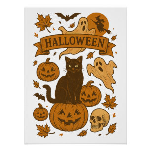 Póster Pumpkin Preto de Gato Preto do Dia das Bruxas