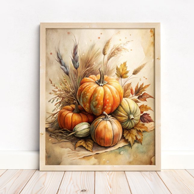 Poster Pumpkin Russo e Outono Deixam Boho Cair Wall Art (Rustic Pumpkin & Autumn Leaves Boho Fall Wall Art in a neutral wooden frame on the floor)