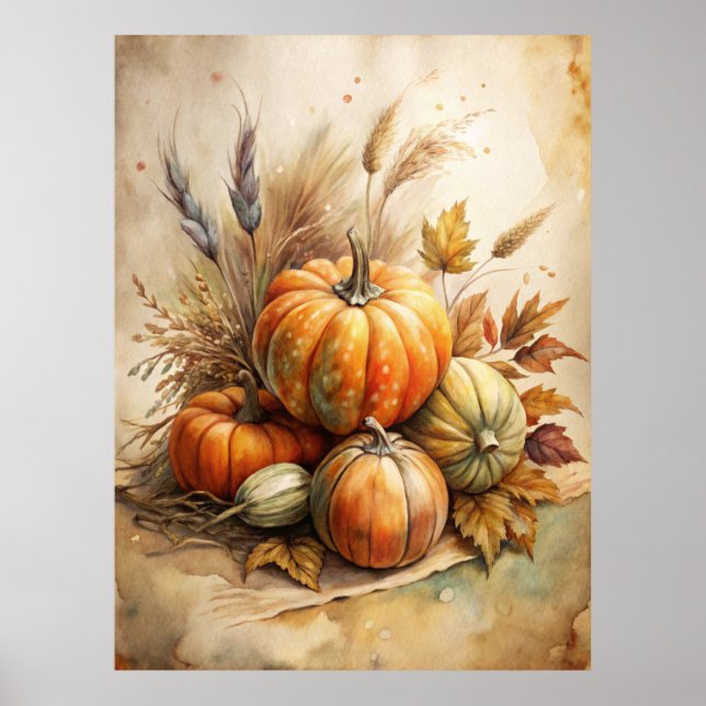 Poster Pumpkin Russo e Outono Deixam Boho Cair Wall Art (Frente)