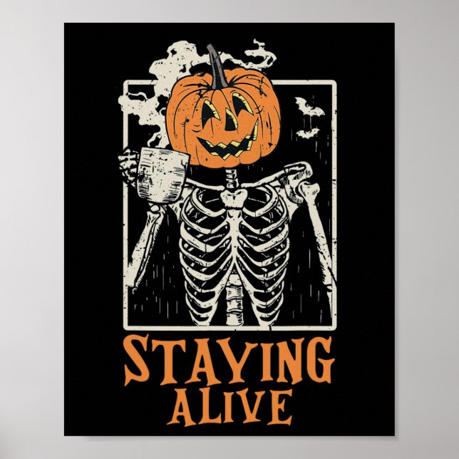 Poster Pumpkin Skeleton Bebe Café Ficando Vivo Engraçado (Frente)