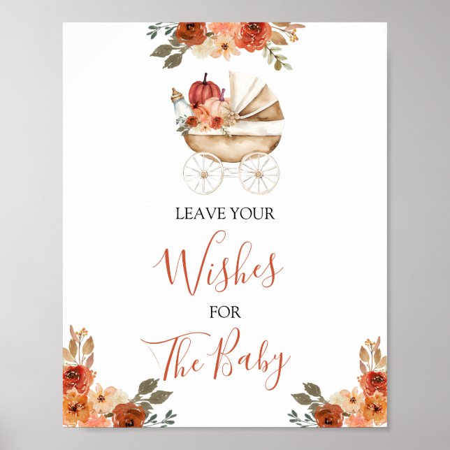 Poster Pumpkin Stroller Baby Shower Leave Your Wishes (Frente)