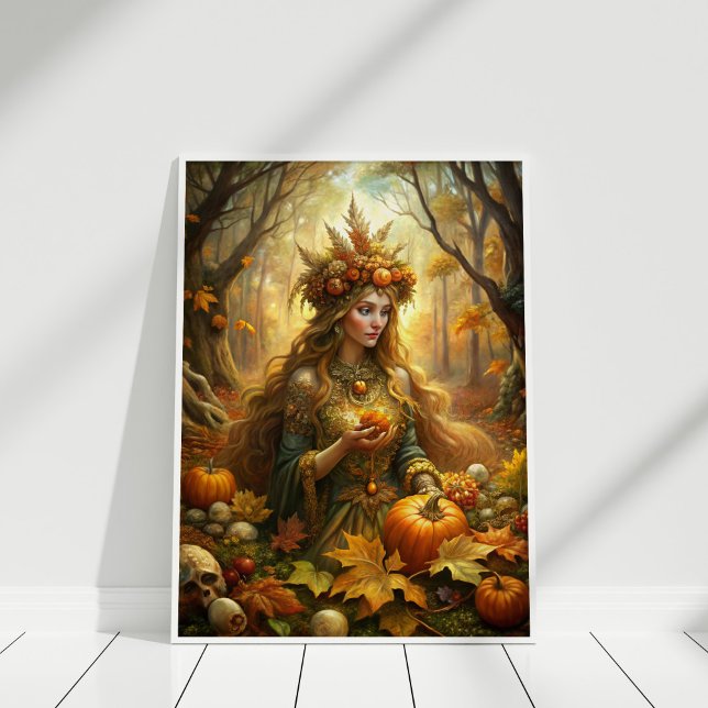 Poster Pumpkin Witch Fairy - Arte de Muro de Halloween En (Pumpkin Witch Fairy – Enchanted Halloween Wall Art in a white wooden frame)