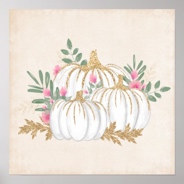 Poster Pumpkins branco e Dourado Aquarela (Frente)