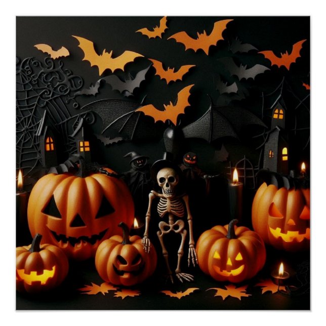Póster Pumpkins e esqueleto (Frente)