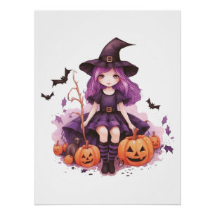 Póster Pumpkins e morcegos bonito de bruxa pelada