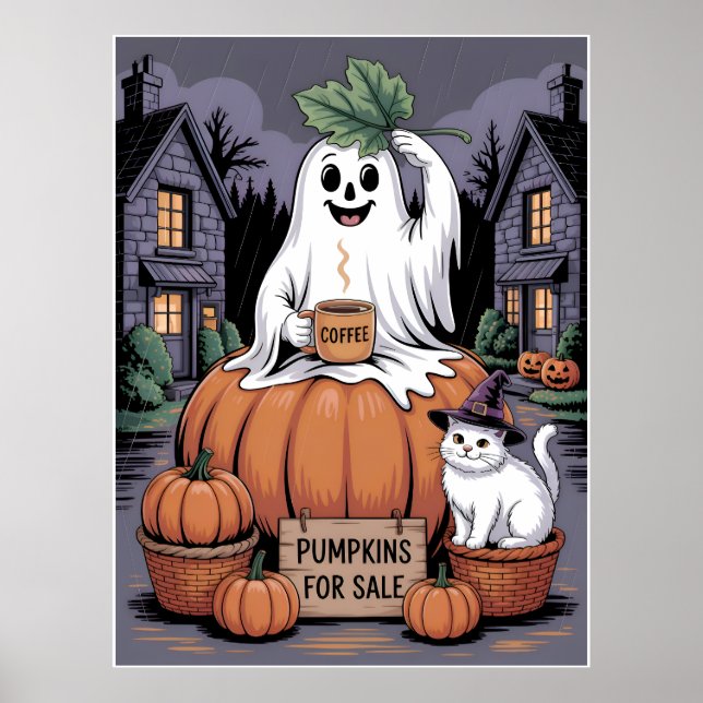 Poster Pumpkins For Sale & Caffeine Ghost & Cat V2 (Frente)