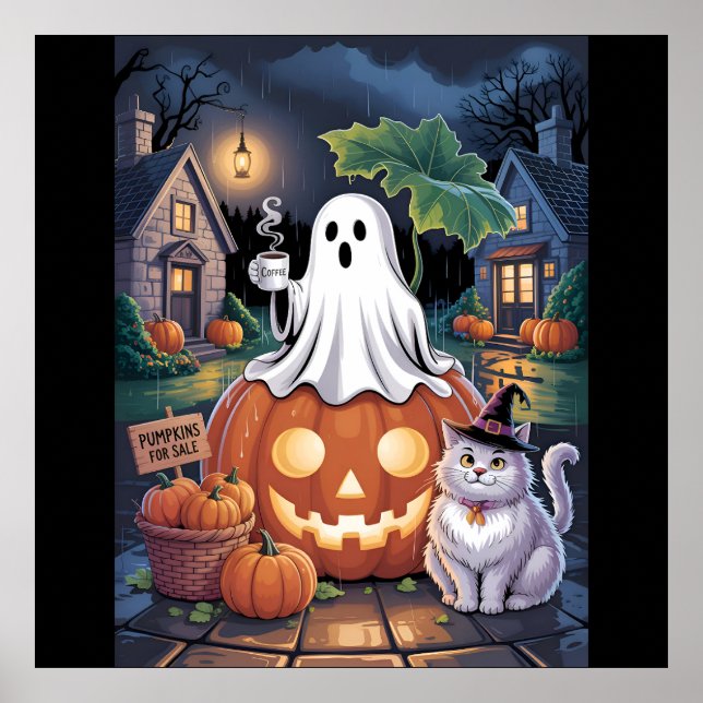 Poster Pumpkins For  Sale & Caffeine Ghost With Cat  (Frente)