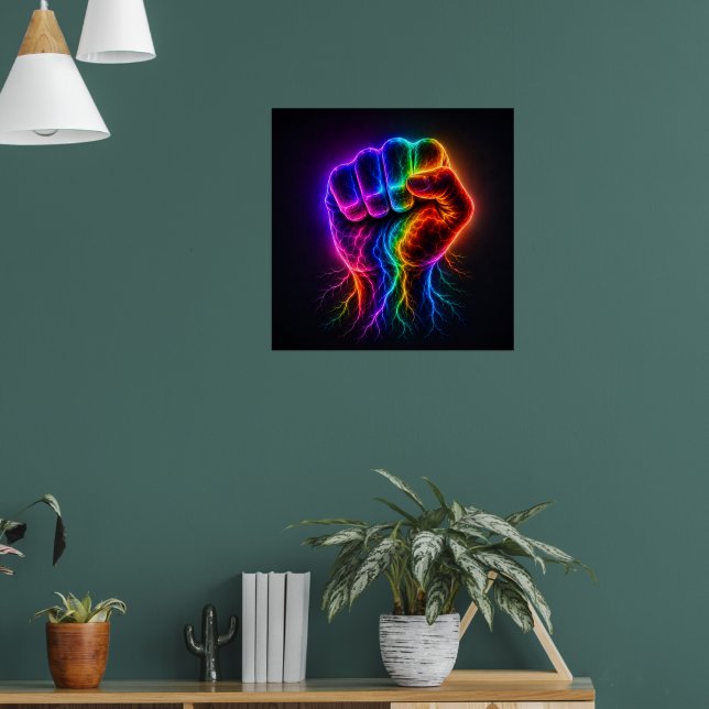 Poster Punho de Poder Arco-íris Vibrante com Energia Elét (Sala de Estar 1)