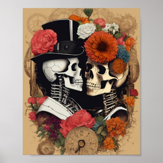 Poster Punk Rock'n'Roll Skulls in Love Wall Art (Frente)