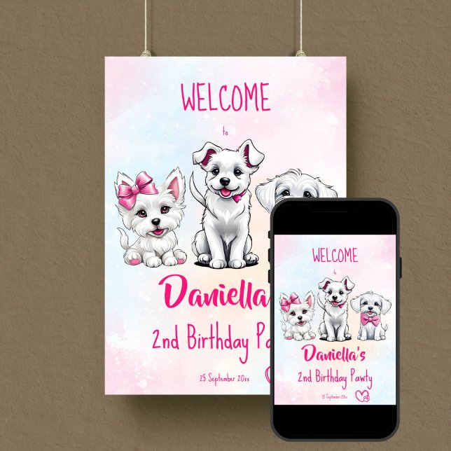 Poster Puppy pãozinho branco rosa pinto bonitinho sinal d (Puppy pawty cute white puppies with pink bows welcome sign poster template digital download)