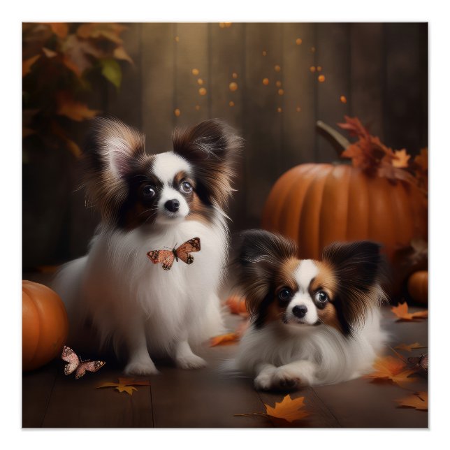 Póster Puppy Papillon Delícia de Outono Abóbora (Frente)