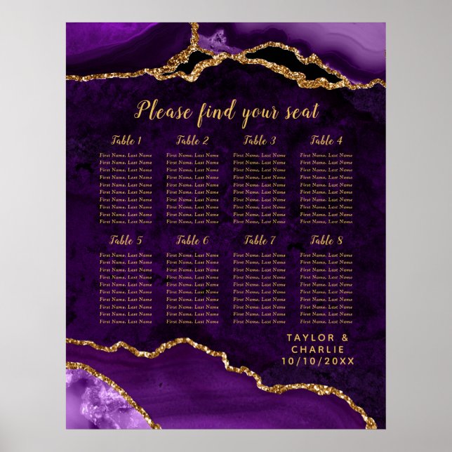 Poster Purple and Gold Agate Wedding Seating Chart (Frente)