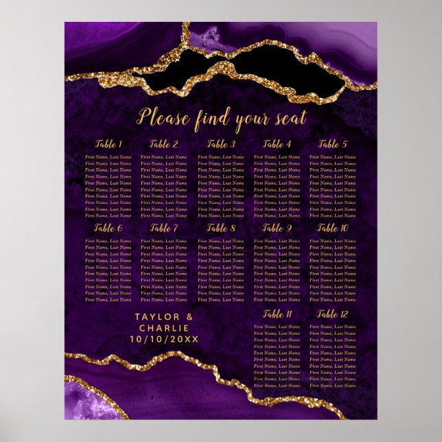 Poster Purple and Gold Agate Wedding Seating Chart (Frente)
