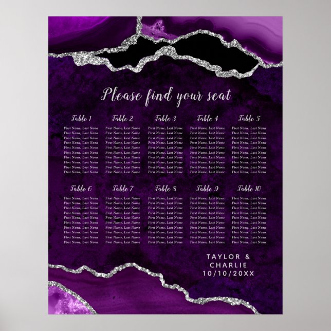 Poster Purple and Silver Agate Wedding Seating Chart (Frente)