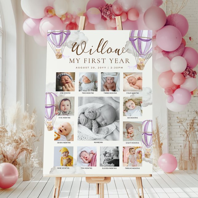 Poster Purple Beary First Birthday Photo Timeline (Criador carregado)
