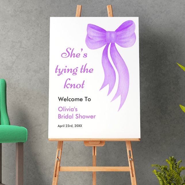 Poster Purple Bow She's Tying the Knot Bridal Shower  (Purple Bow She's Tying the Knot Bridal Shower Welcome Sign )