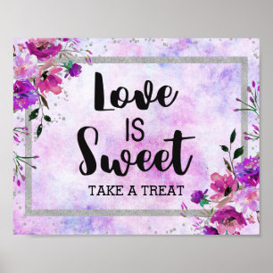 Póster Purple Floral & Silver Confetti Love é Sweet