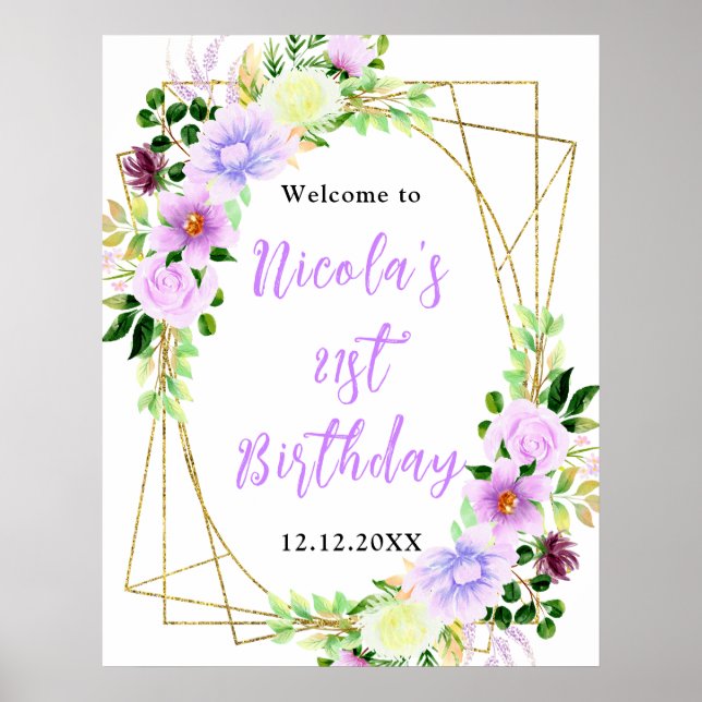 Poster Purple Flowers with Foliage Birthday Welcome (Frente)