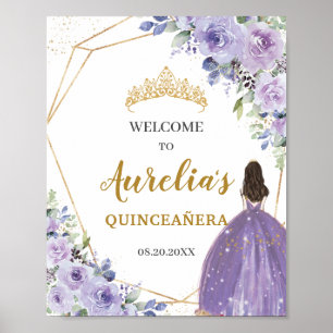 Poster Purple Lilac Floral Dourada Quinceañera Bem-vindo