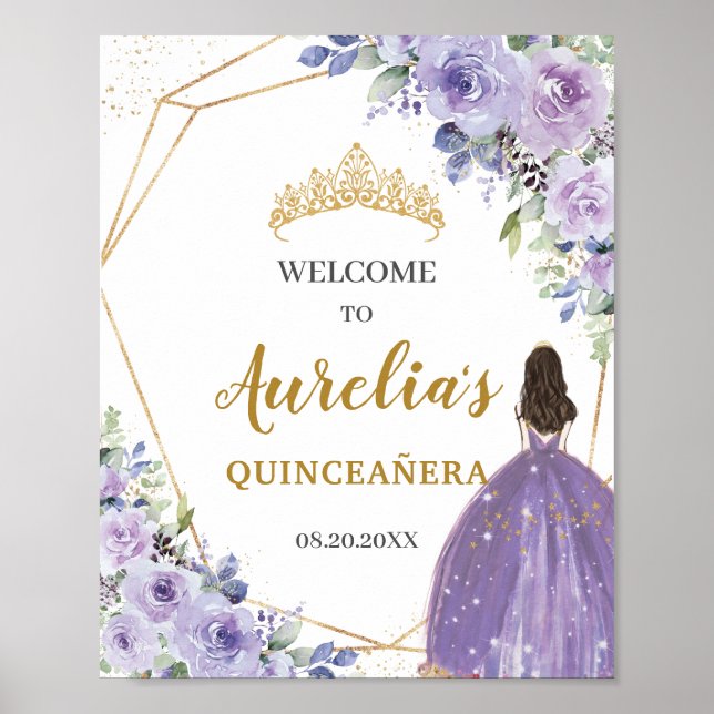 Poster Purple Lilac Floral Dourada Quinceañera Bem-vindo (Frente)