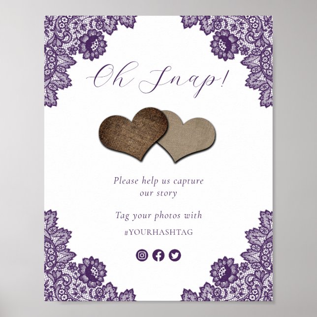 Poster Purple Oh Snap Social Media Wedding Sign (Frente)