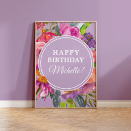 Poster Purple Pink Watercolor Flores selvagens Feliz Aniv