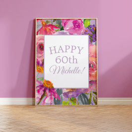 Poster Purple Pink Watercolor Flores selvagens Happy 60th