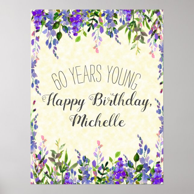 Poster Purple Watercolor Floral Yellow 60º Aniversário (Frente)