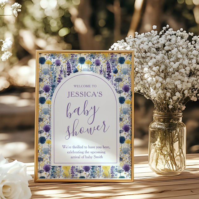 Poster Purple Yellow Watercolor Wildflower Baby Shower (Celebrate your mama-to-be moment in full bloom with this elegant wildflower baby shower sign. )
