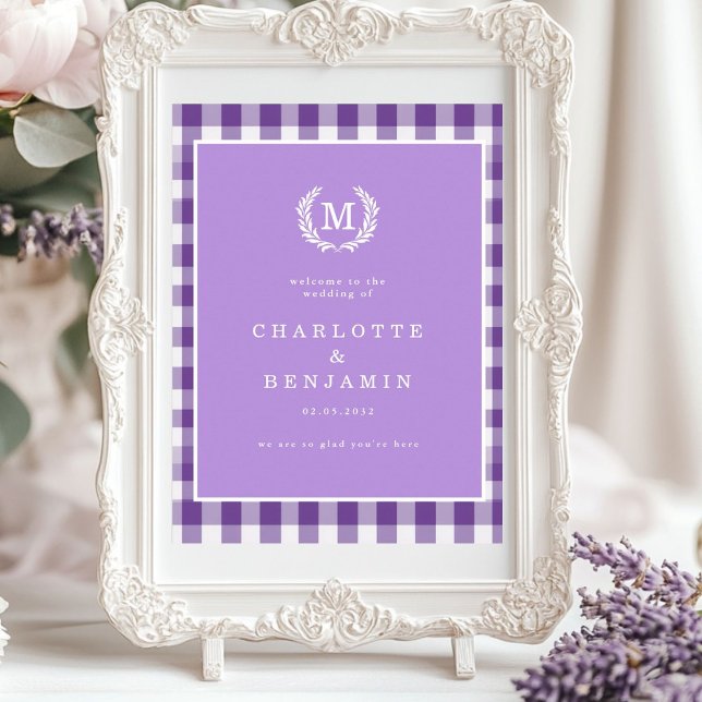 Poster Púrpura Gingham Monograma Crest Weding Bem-vindo (Purple Gingham Monogram Crest Wedding Welcome Poster)